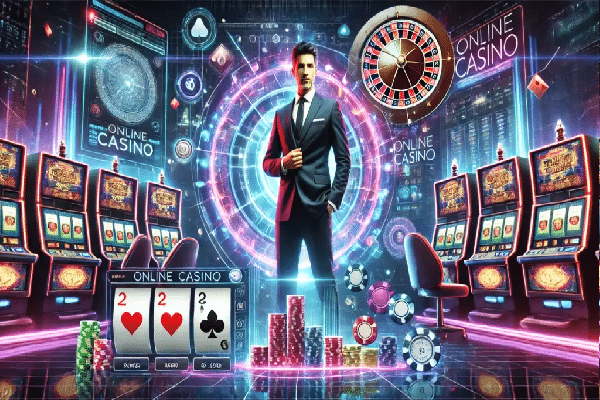 a man standing in front of a casino